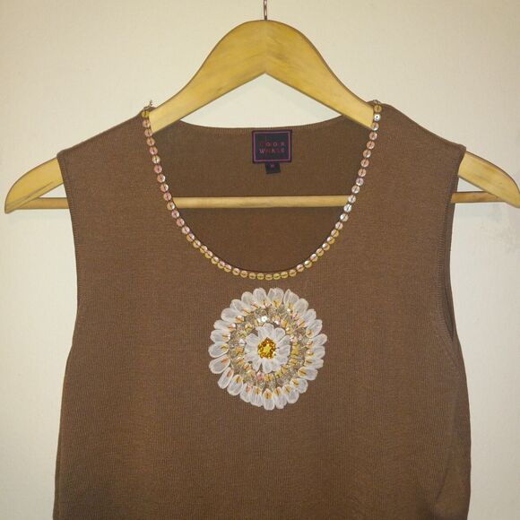 Colour Works Brown Tank-Medium-100% Silk-Sequined Yoke-3D Ribbon Floral - Picture 2 of 8